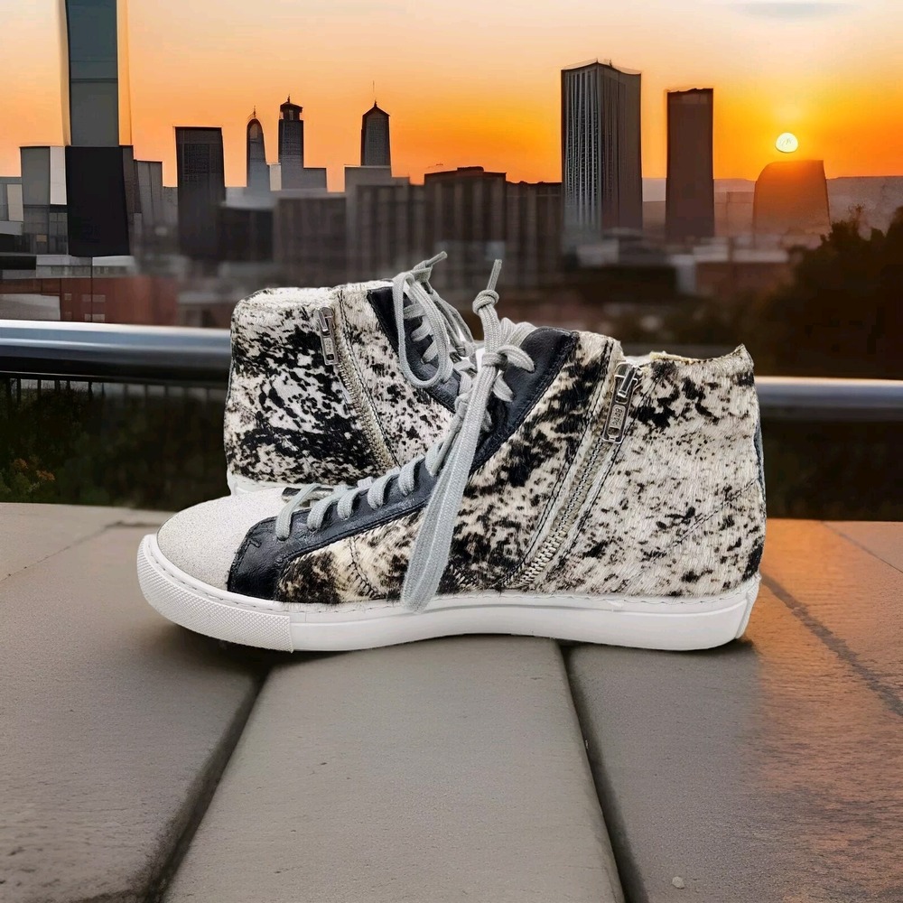 P448 Cow Print Star High-Top Sneaker Zipper Shoes Women's 40 EU 9.5-10 US